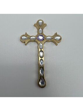 Gold Tone Cross Pendant With Gemstones Religious Jewelry Approx. 3" Long